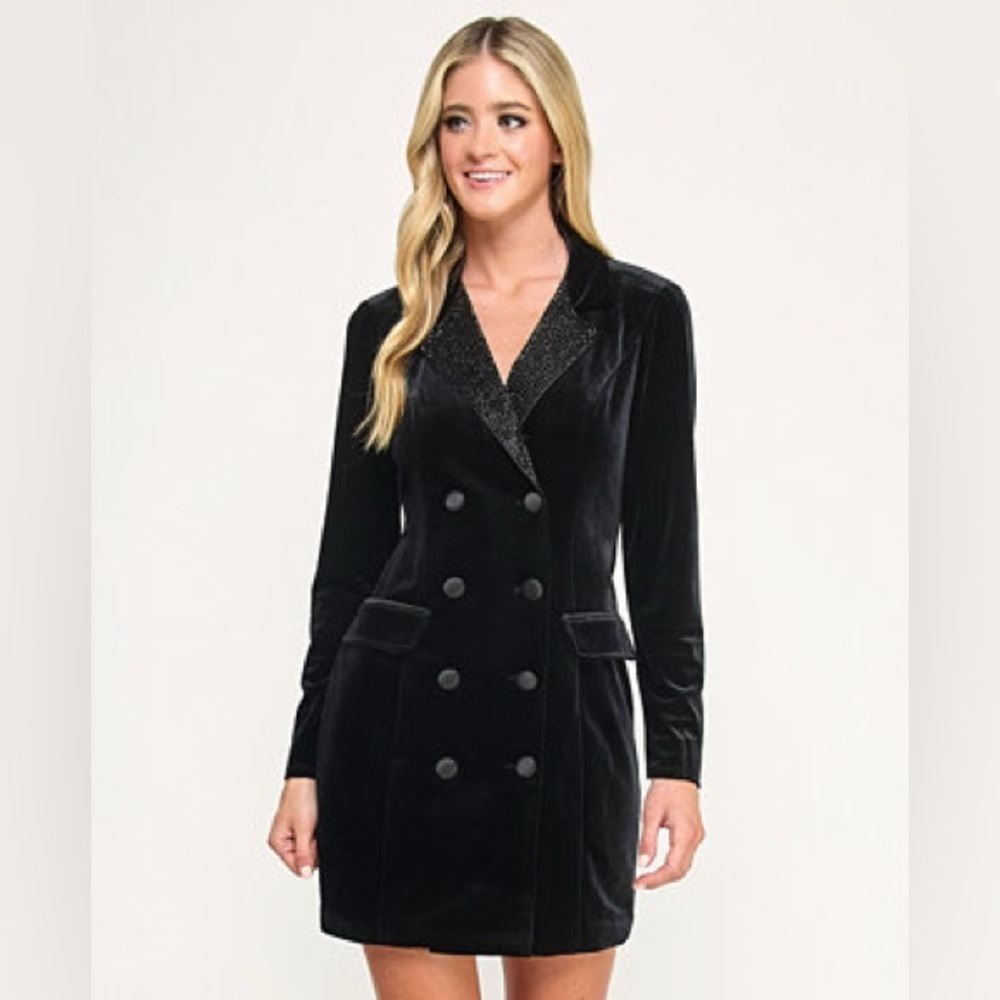 City Studio Black Velvet Tuxedo Blazer Dress - Double Breasted - Size Large